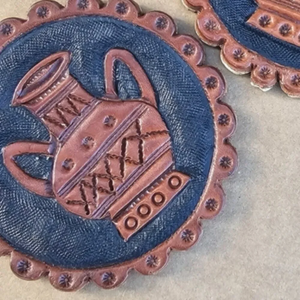 Hand‑Tooled Leather Coaster Set of 2 – Peruvian Water Jug Design